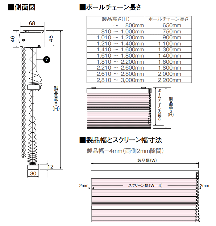 側面図 ボールチェーンの長さ 製品幅 スクリーン幅 寸法