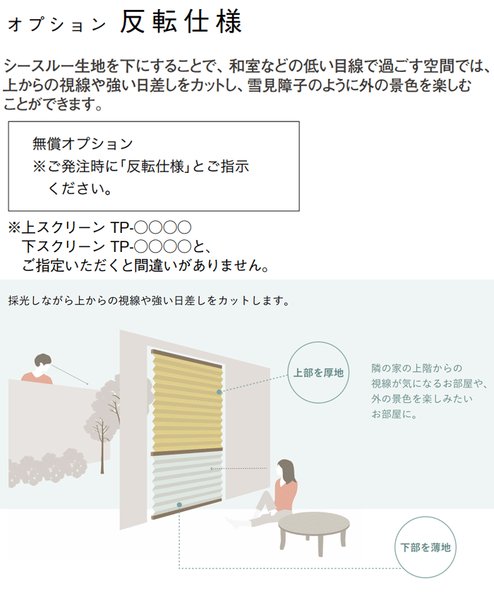 反転仕様 日差しカット 無償 オプション 上からの視線 採光