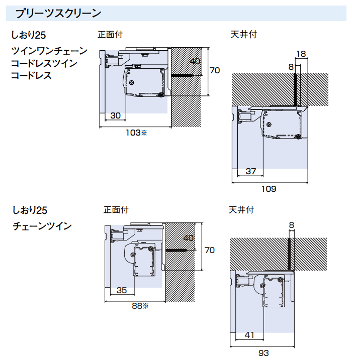 プリーツスクリーン 正面付け 天井付け ツイン