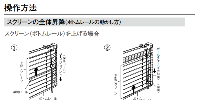 操作方法 スクリーン全体の昇降 ボトムレール 上げる場合